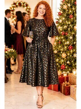 Kate Spade Leopard Metallic Black Gold Midi Dress Size 14 Holiday